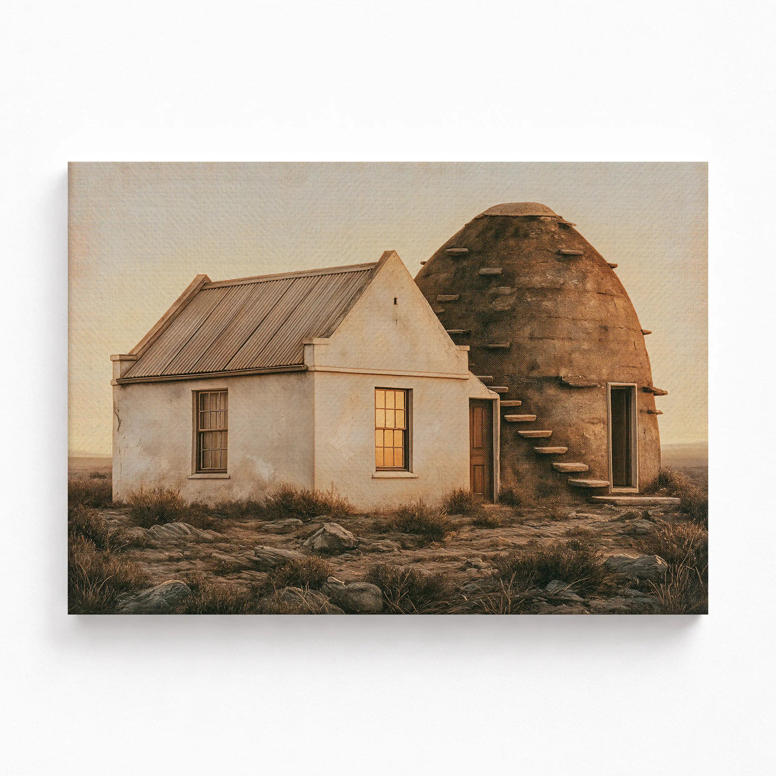 Stretched canvas art prints from the Karoo Heritage Collection showcasing historic South African corbelled houses against a vast platteland landscape.