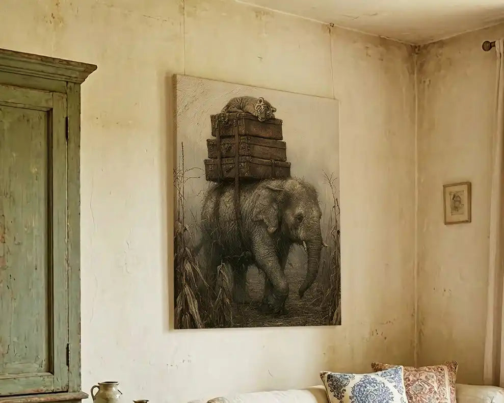 A vertical canvas print featuring a detailed black and white sketch of an elephant carrying stacked wooden crates, hanging on a textured beige wall in a rustic room setting.