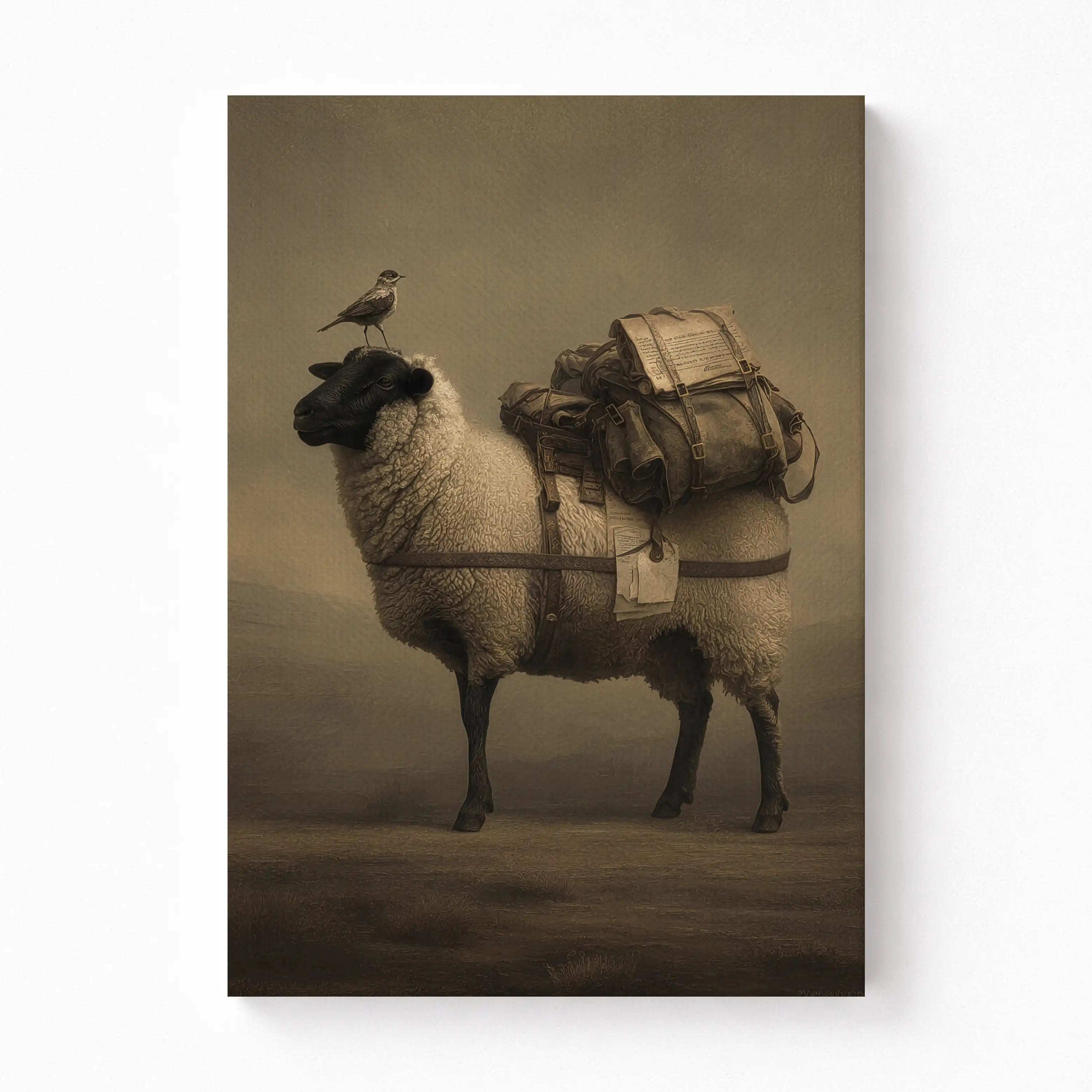 Travelers of the Great Karoo – The Dorper Sheep and Bird Canvas Art 1
