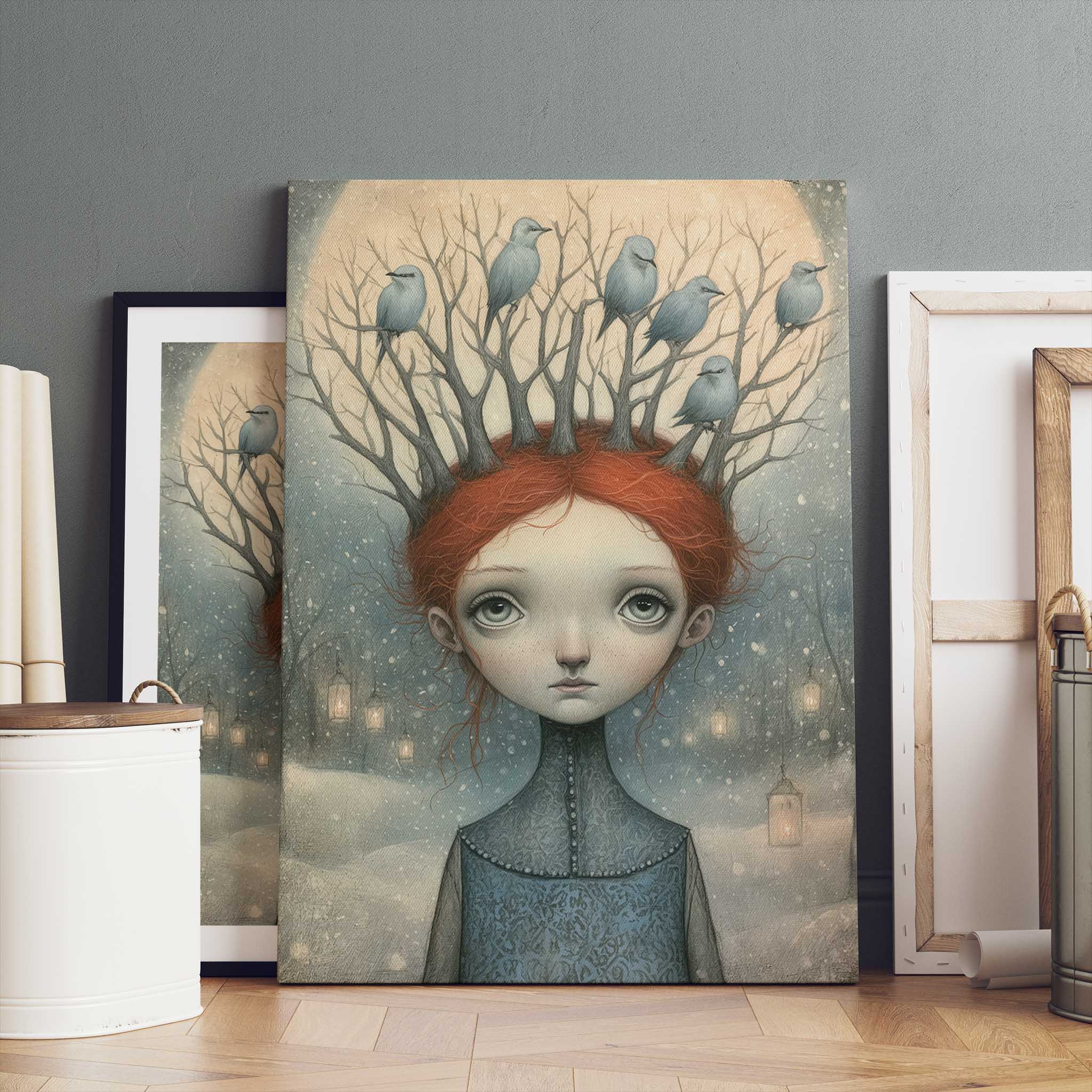 Winter Nest: Surreal Whimsical Portrait Wall Art