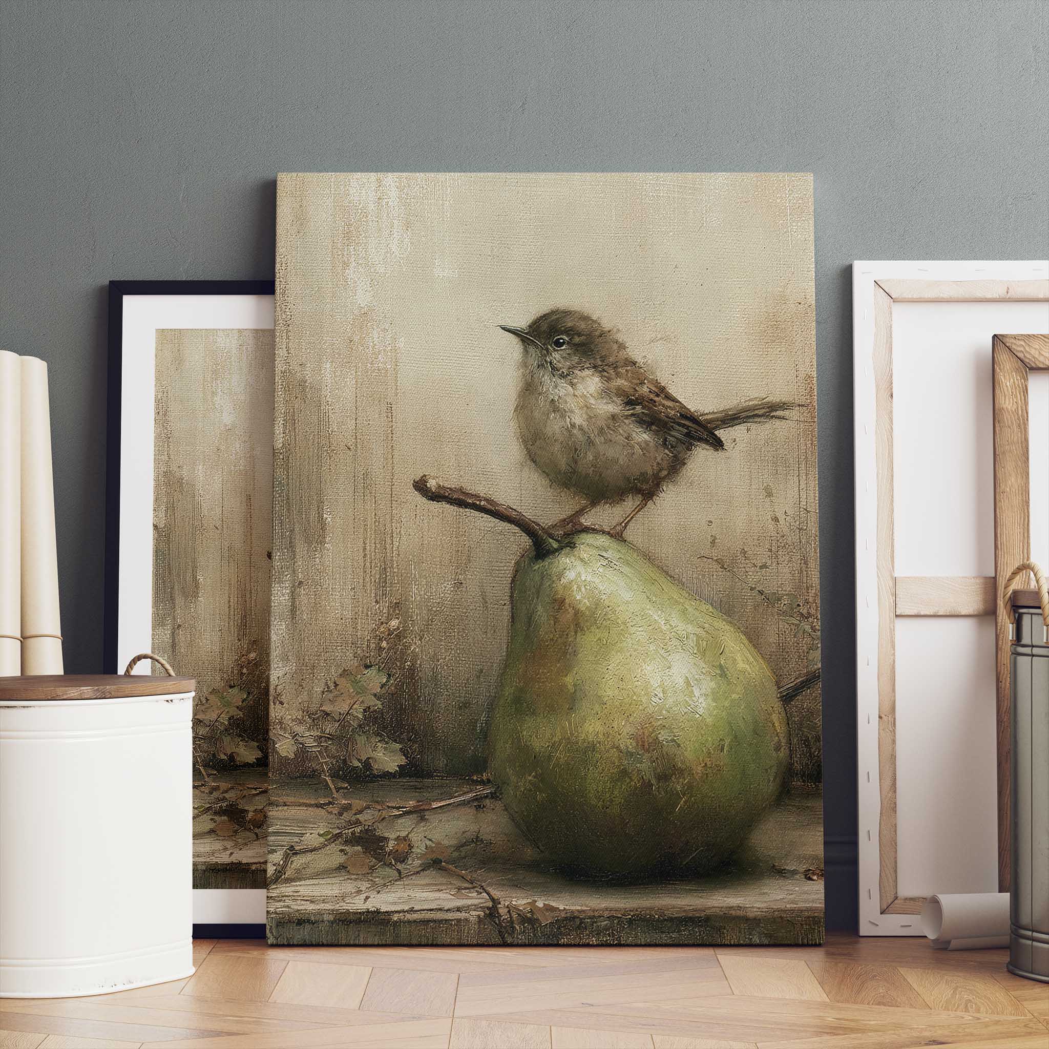 Vintage Bird on a Pear Still Life Wall Art Print