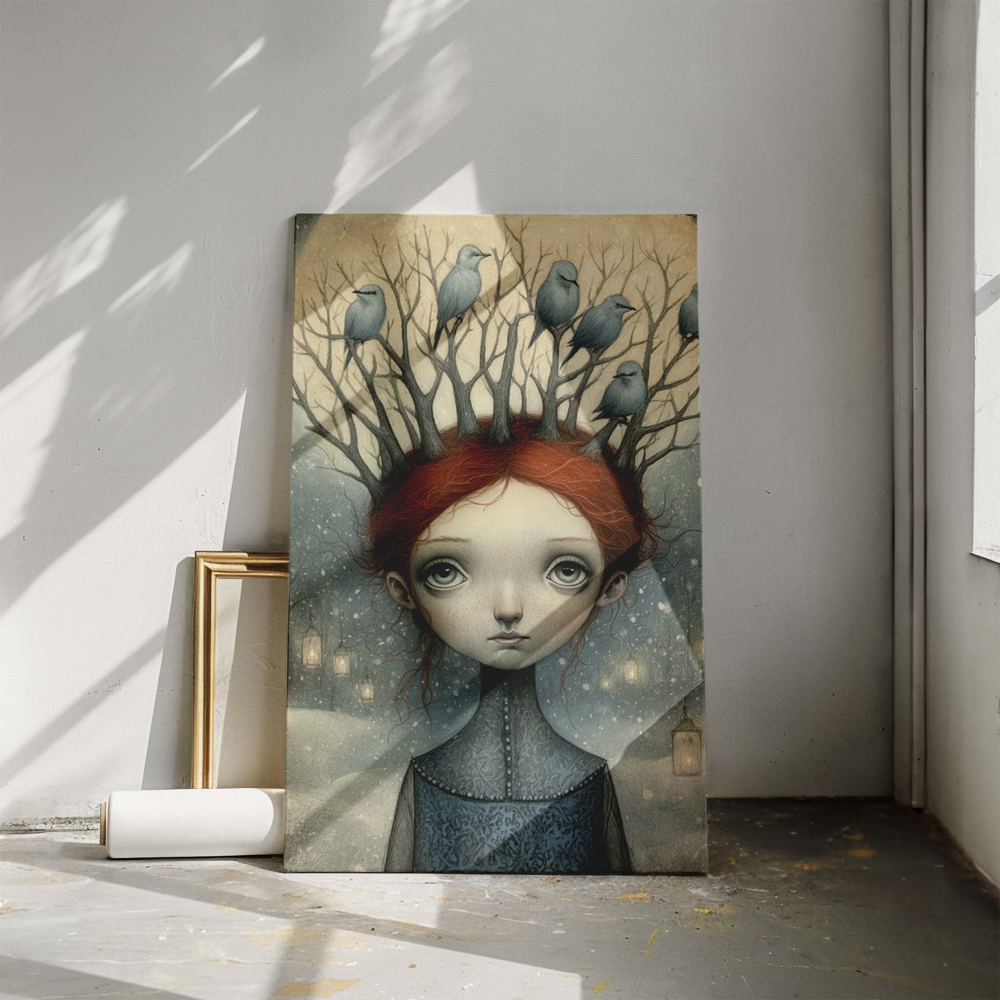 Winter Nest: Surreal Whimsical Portrait Wall Art