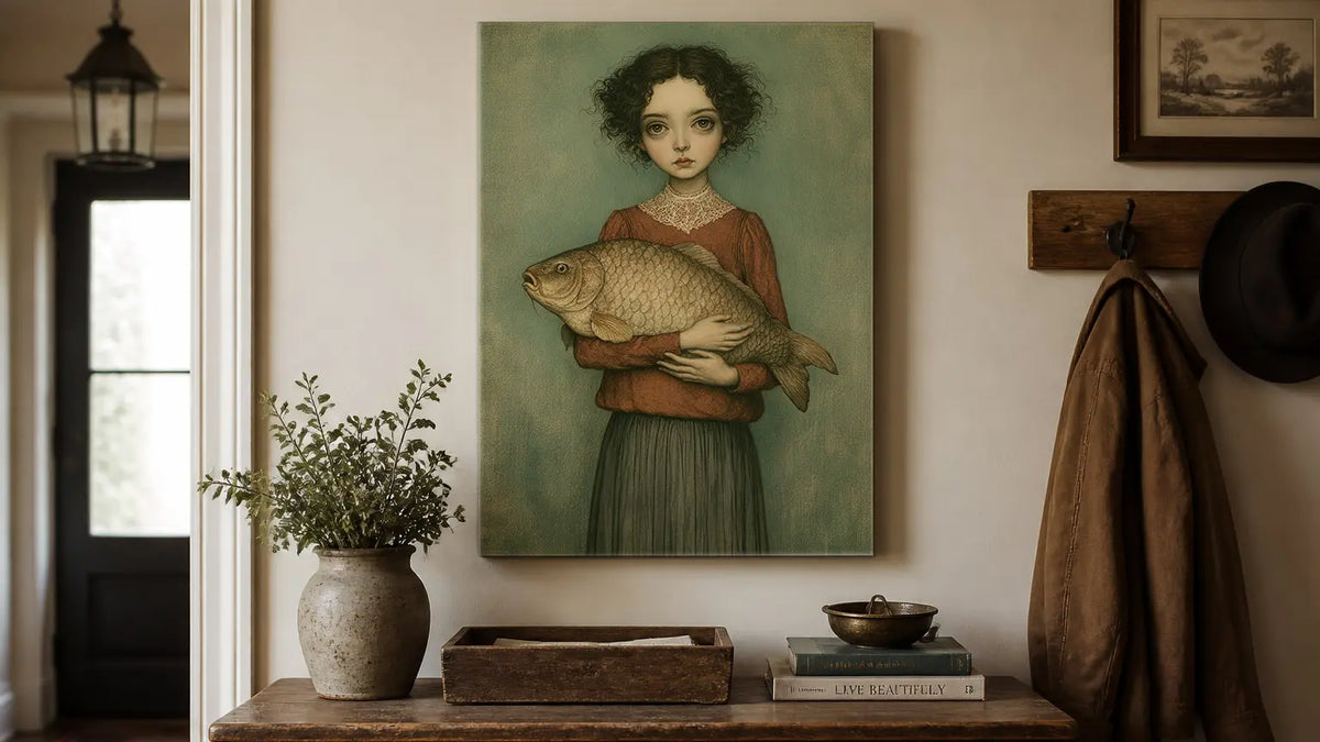 A vertical canvas art print depicting a vintage-style portrait of a young girl holding a large fish, displayed on a wall in a rustic, cozy room setting with a wooden bench, potted plant, and coat rack.